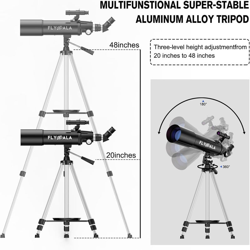 FlyGala Telescope for Kids and Adults,80mm Aperture 600mm Focal Length Beginners Astronomical Telescope for Adults high Powered (30X-750X),Refractor Astronomy telescopes Kids 6-8 8-12 Over 5 Year Old - Image 5